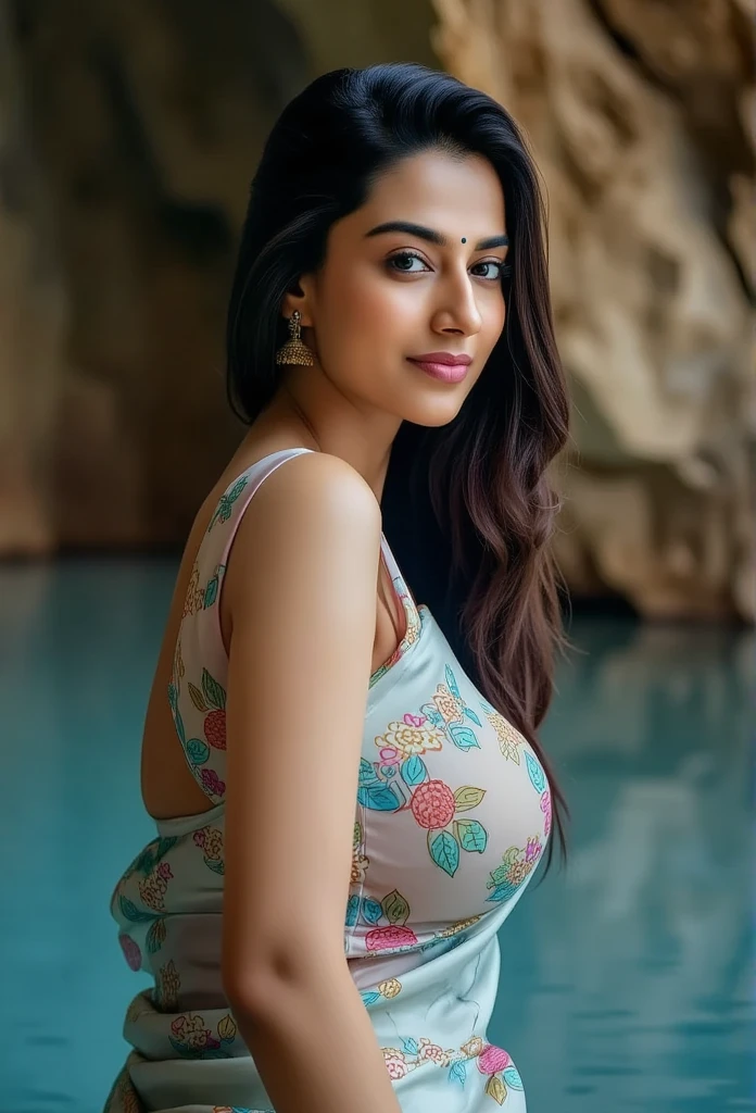 Side Portrait of A topless confident-looking indian woman with long flowing hair, hazel eyes, flowing see through saree, her hair covering her perfect c-cup breasts, sitting in pool, caves background, bokeh, perfect composition, hyperrealistic, super detailed, 8k, high quality, trending art, trending on artstation, sharp focus, studio photo, intricate details, highly detailed, art by greg rutkowski