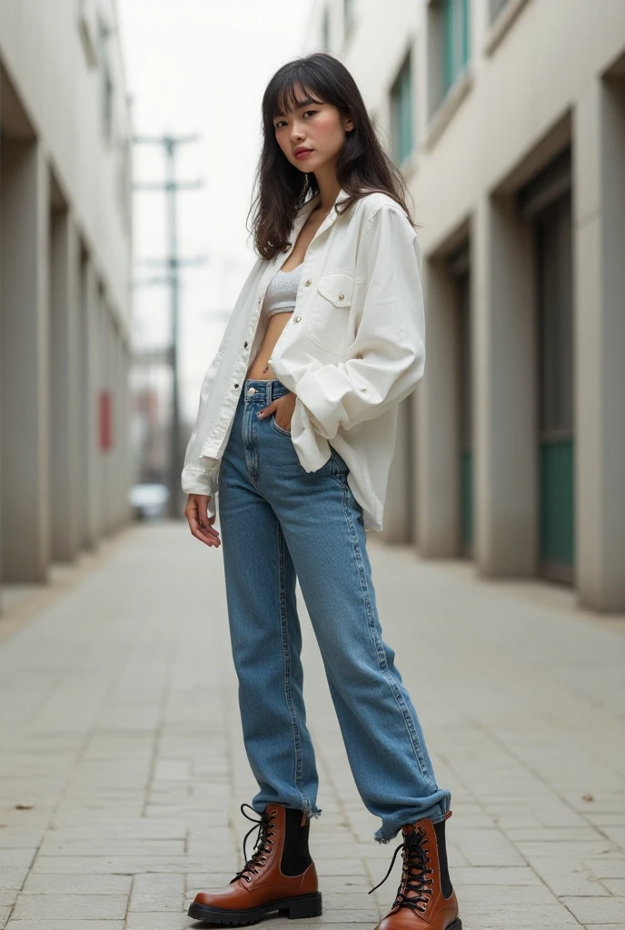 HDR, UHD, Masterpiece, ultra high quality, an ultra beautiful, very attractive influencer young adult female walking on the pavement of a crowded busy street wearing daily casula yet very sexy combination