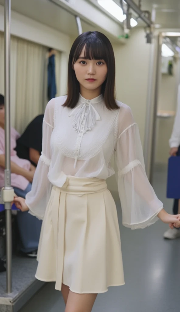 While commuting, wear a blouse and miniskirt with a very open chest and bend your hips while standing、While leaning forward 、 picking up a wallet that has fallen to your feet 、Photographed from the front of the body,