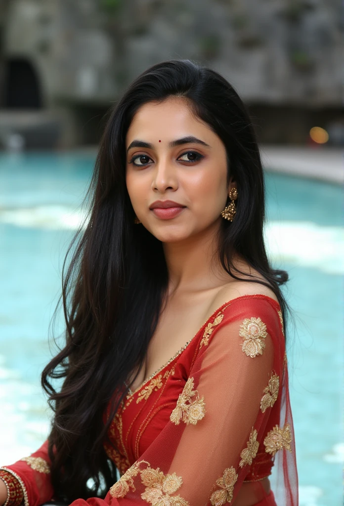 Side Portrait of A topless confident-looking indian woman with long flowing hair, hazel eyes, flowing see through saree, her hair covering her perfect c-cup breasts, sitting in pool, caves background, bokeh, perfect composition, hyperrealistic, super detailed, 8k, high quality, trending art, trending on artstation, sharp focus, studio photo, intricate details, highly detailed, art by greg rutkowski