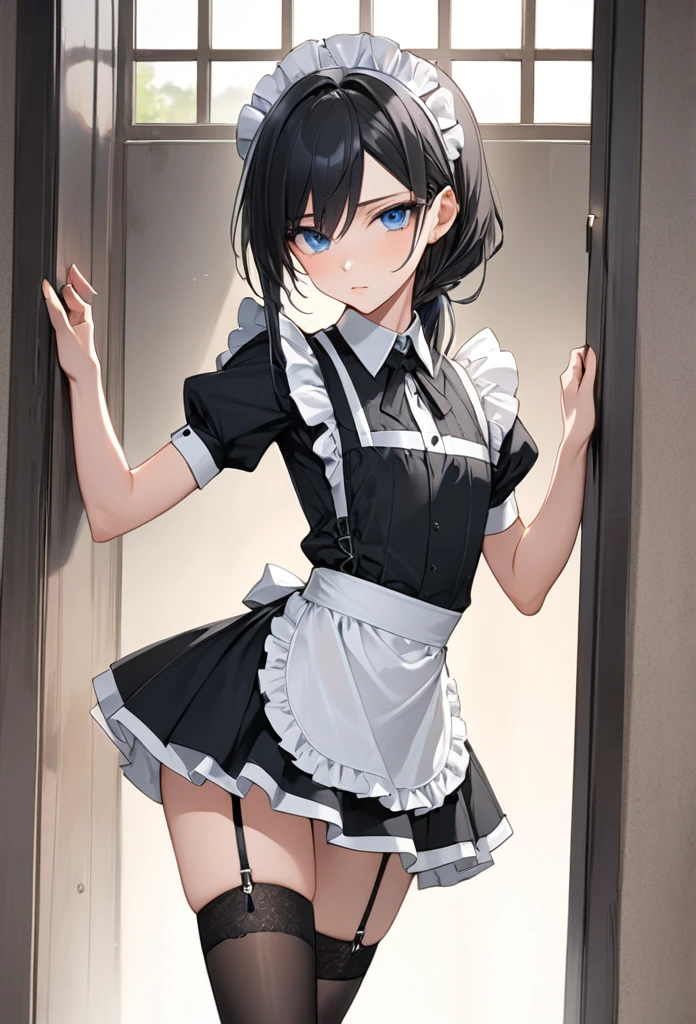 ((best quality)), ((masterpiece)), (detailed), (aqm, score_9, score_8_up, score_7_up, score_6_up), ratings_safe, source_anime, solo, 
1boy, androgynous, feminine build, flat chested, long hair, black hair, blue eyes, garter belt, garter string, stockings,
Standing, arched back, modeling,(maid)
