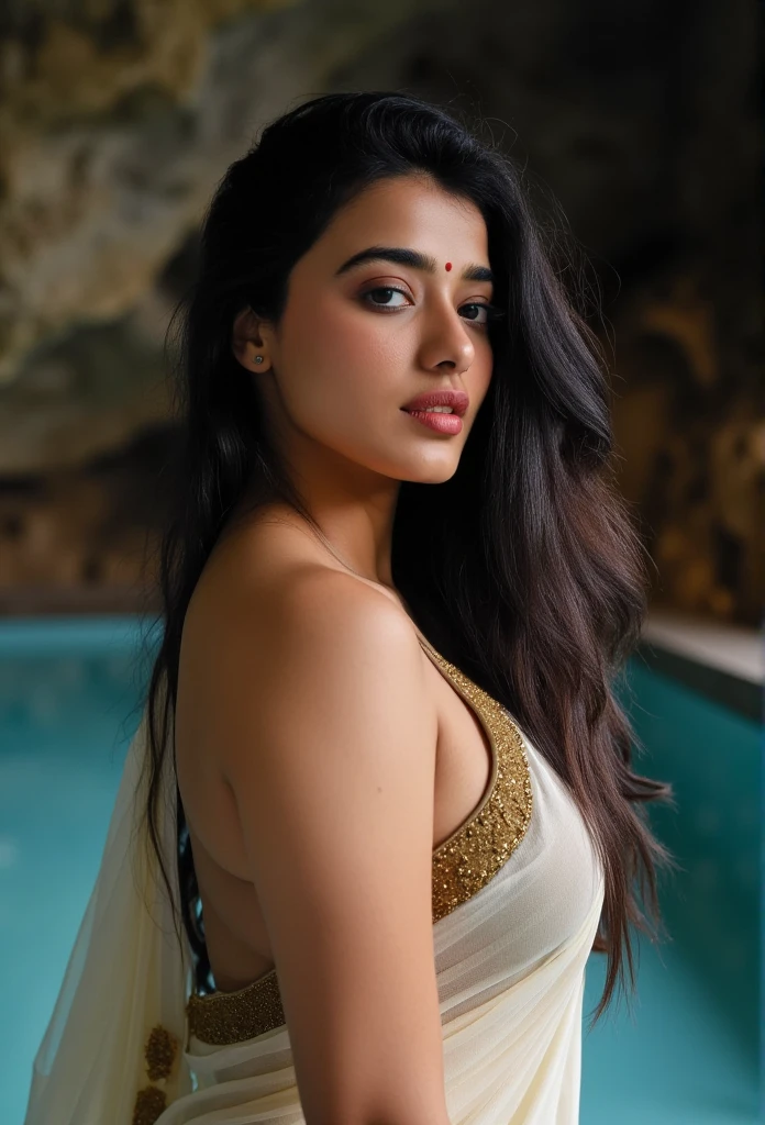 Side Portrait of A topless confident-looking indian woman with long flowing hair, hazel eyes, flowing see through saree, her hair covering her perfect c-cup breasts, sitting in pool, caves background, bokeh, perfect composition, hyperrealistic, super detailed, 8k, high quality, trending art, trending on artstation, sharp focus, studio photo, intricate details, highly detailed, art by greg rutkowski