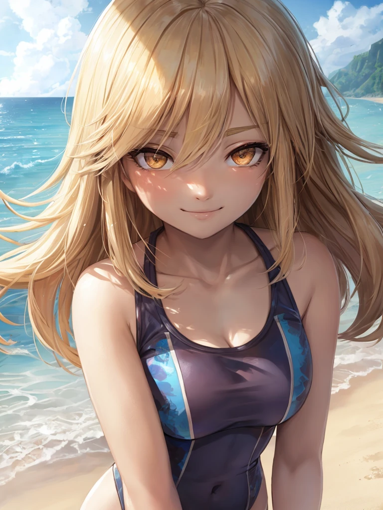 Pretty Female, Windblow blonde hair, glowing eyes, realistic, masterpiece, high detailed, 4K, beach background, high detailed light, little smile, white skin, swimsuit,