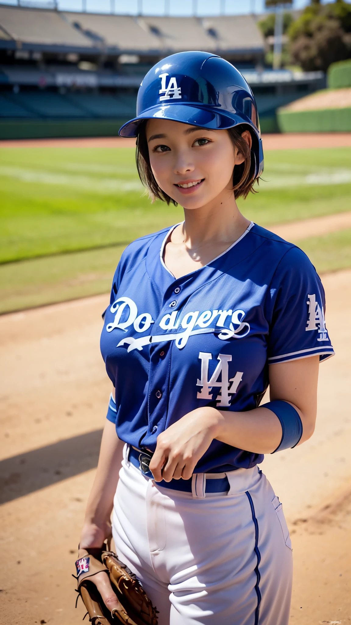 Best Quality,masterpiece, super high definition, highdefinition RAW color photo, professional photography, natural skin texture, fine skin, hyperrealism , Japanese Female,(smile,Big Breasts,big breasts, shortcut hair),(((Watching baseball,Dodger Stadium, Dodgers uniform,Number 17)))