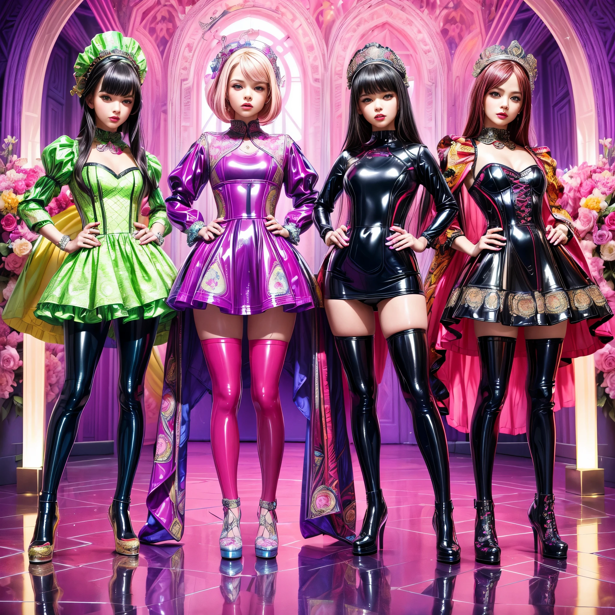 ((full body shot):1.5), a group of women,((Latex clothing style):1.3), (in elegant Classic ta Princess Dress),( high waisted short dress :1.3), The background is a fantastic A creek in the flower field, ((Standing and posing)), Bimbo, (Muticolored:1.4), (Wear dresses of different colors:1.2),Mary Jane shoes , ornate and luxurious patterns and accessories, fashionable attire,( patterned colored pantyhose:1.3),( Full of patterns:1.3), highly detailed full body shot, posed gracefully, stand in a row, Wear a Headwear, (mixed monochrome:1.1), (GLOSSY refection collection:1.3),loraavril , hyper realistic, 8k, dramatic lighting, cinematic, fashion editorial, vogue magazine cover, rich color palette, elegant, glamorous,`