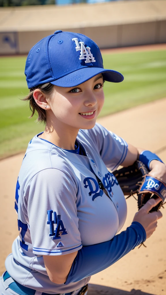 Best Quality,masterpiece, super high definition, highdefinition RAW color photo, professional photography, natural skin texture, fine skin, hyperrealism , Japanese Female,(smile,Big Breasts,big breasts, shortcut hair),(((Watching baseball,Dodger Stadium, Dodgers uniform,Number 17,hat)))