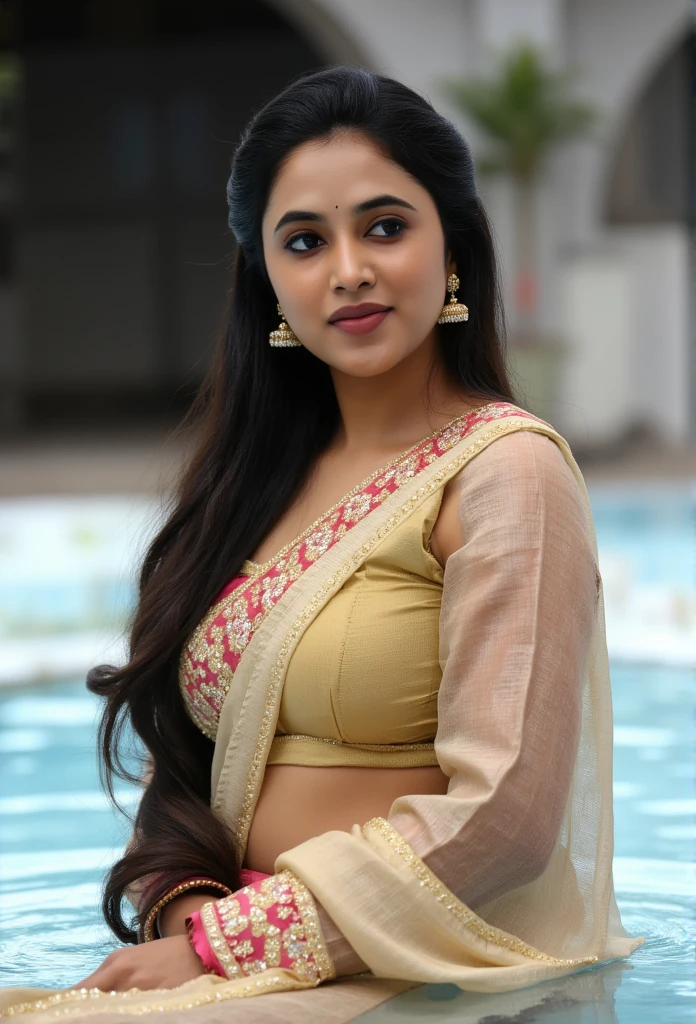 Side Portrait of A topless confident-looking indian woman with long flowing hair, hazel eyes, flowing see through saree, her hair covering her perfect c-cup breasts, sitting in pool, caves background, bokeh, perfect composition, hyperrealistic, super detailed, 8k, high quality, trending art, trending on artstation, sharp focus, studio photo, intricate details, highly detailed, art by greg rutkowski