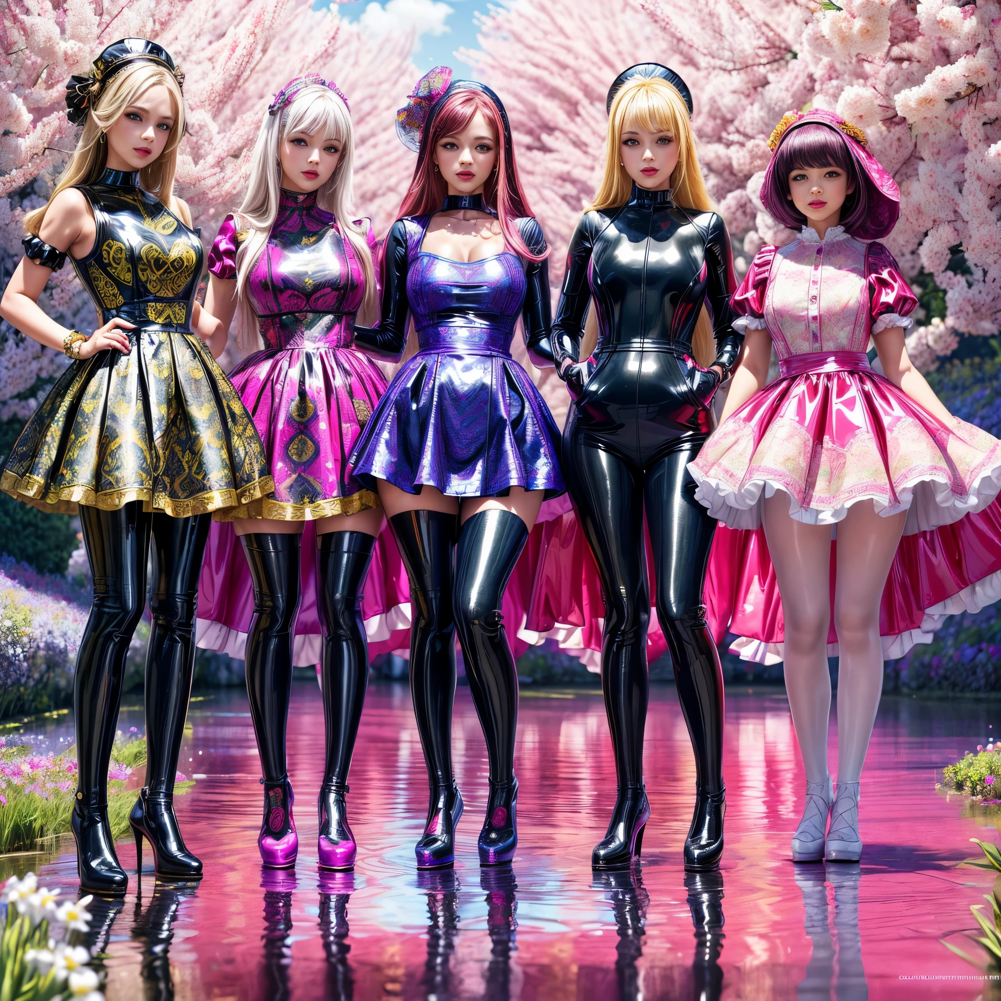 ((full body shot):1.5), a group of women,((Latex clothing style):1.3), (in elegant Classic ta Princess Dress),( high waisted short dress :1.3), The background is a fantastic A creek in the flower field, ((Standing and posing)), Bimbo, (Muticolored:1.4), (Wear dresses of different colors:1.2),Mary Jane shoes , ornate and luxurious patterns and accessories, fashionable attire,( patterned colored pantyhose:1.3),( Full of patterns:1.3), highly detailed full body shot, posed gracefully, stand in a row, Wear a Headwear, (mixed monochrome:1.1), (GLOSSY refection collection:1.3),loraavril , hyper realistic, 8k, dramatic lighting, cinematic, fashion editorial, vogue magazine cover, rich color palette, elegant, glamorous,`
