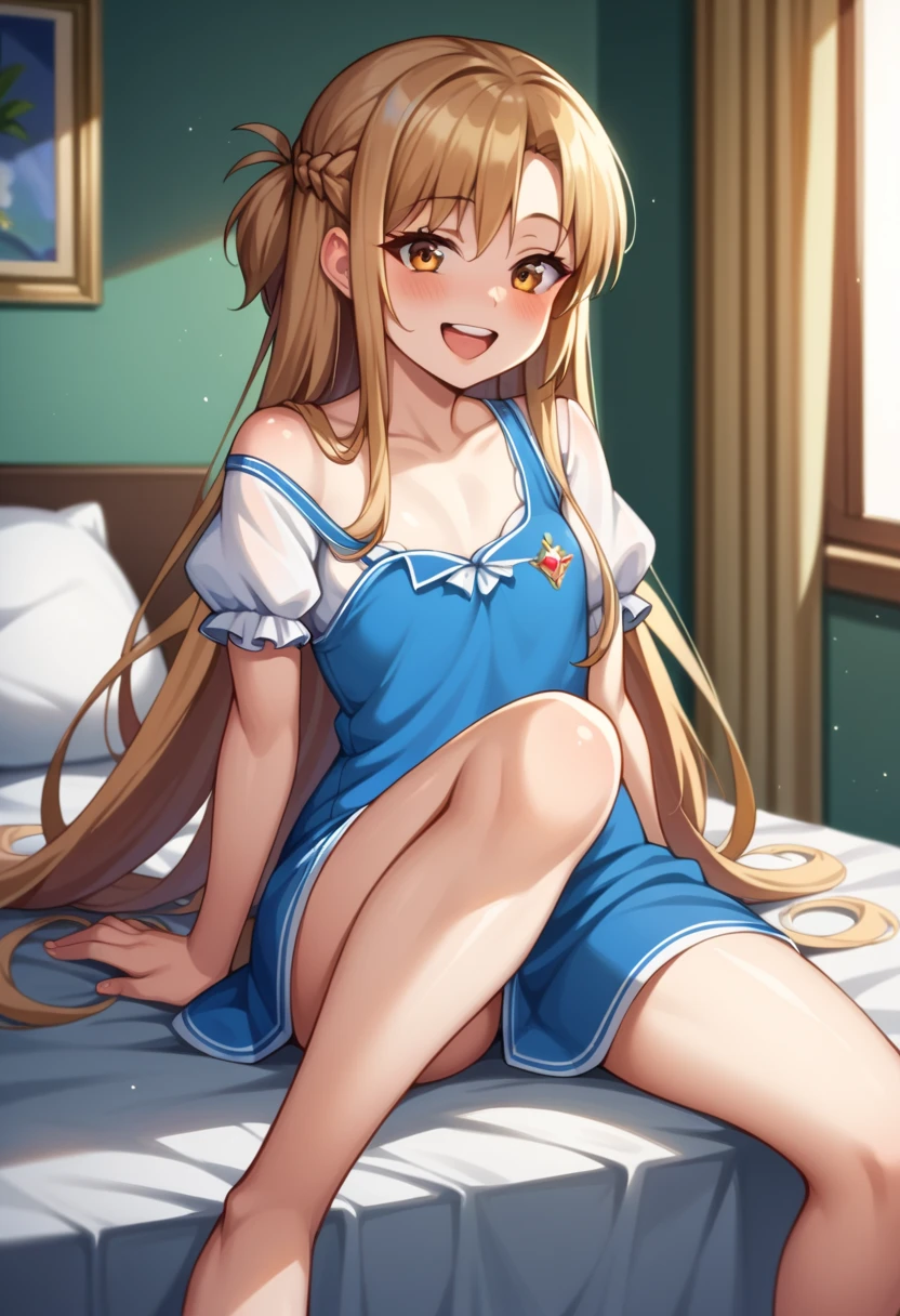 ((Best Quality)), ((masterpiece)), (be familiar with),  perfect face, indoor, bedroom,  watching viewers ,
One woman,  Asuna Yuki,
 characters with open mouth ,  ecstatic expression, blush, smile,
Small breasts,  flat chest, Young girl, Lori,  kids,  girl,
Long Hair,  long hair,
Leg spread,