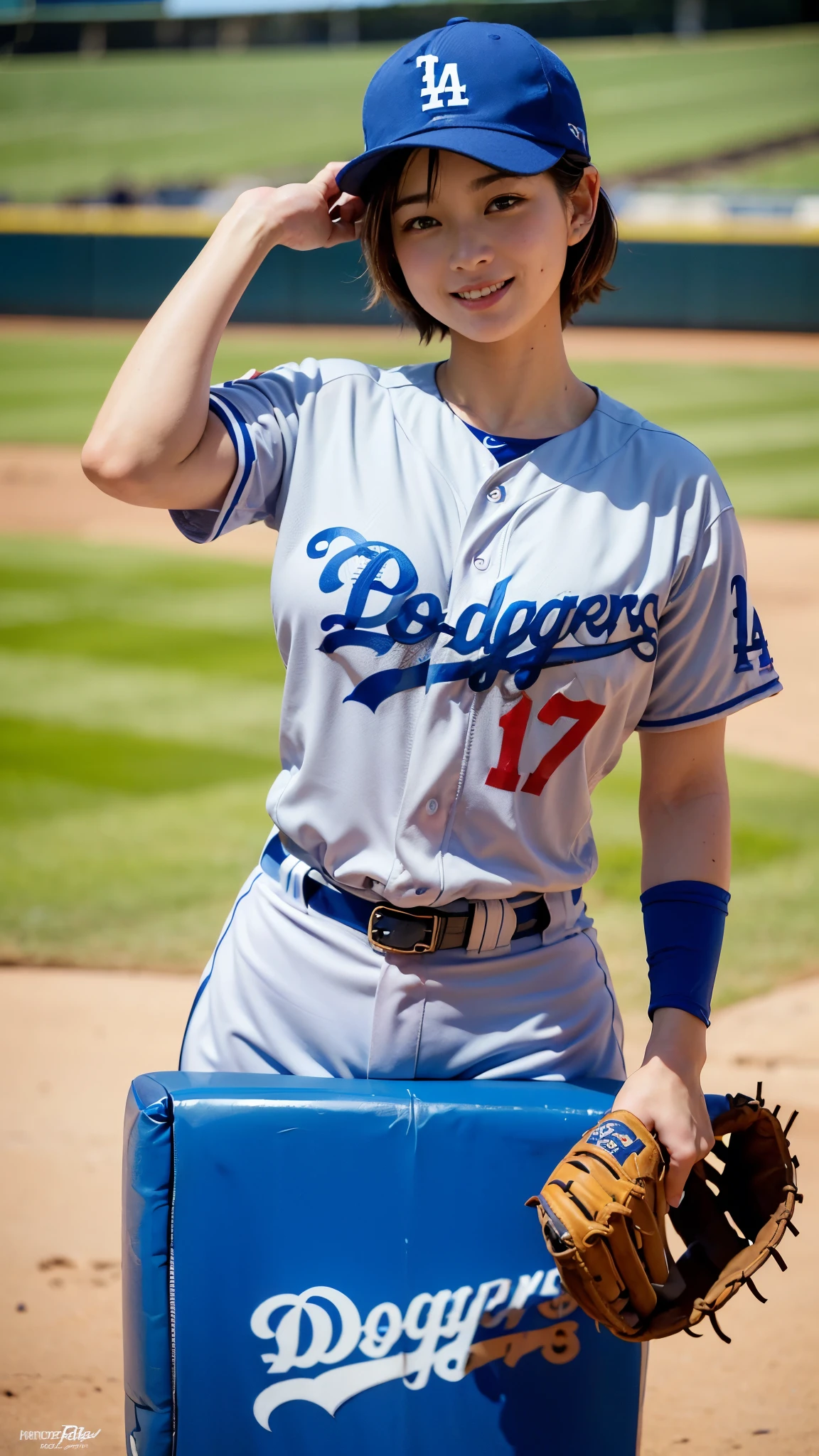 Best Quality,masterpiece, super high definition, highdefinition RAW color photo, professional photography, natural skin texture, fine skin, hyperrealism , Japanese Female,(smile,Big Breasts,big breasts, shortcut hair),(((Watching baseball,Dodger Stadium, Dodgers uniform,Number 17,Batter)))