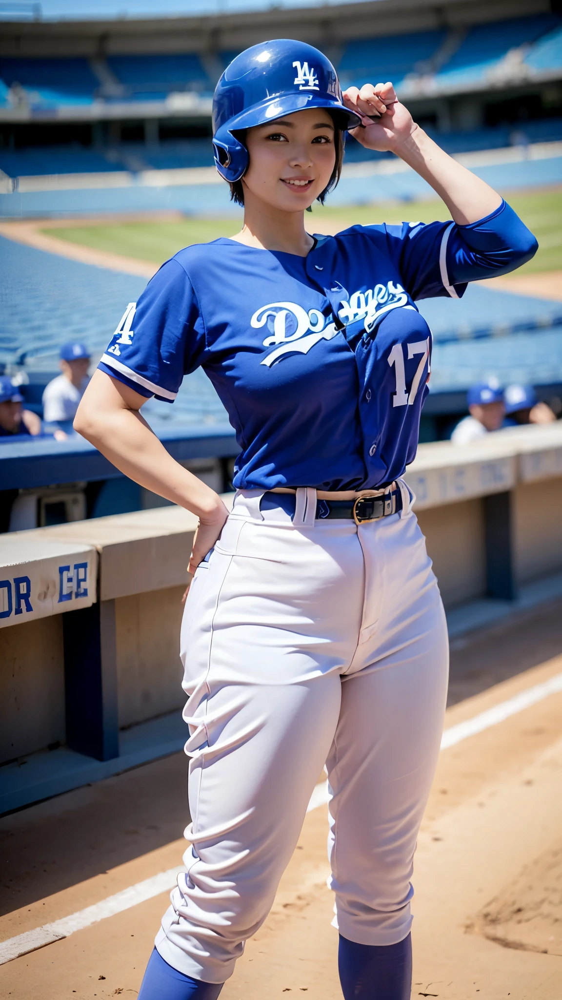 Best Quality,masterpiece, super high definition, highdefinition RAW color photo, professional photography, natural skin texture, fine skin, hyperrealism , Japanese Female,(smile,Big Breasts,big breasts, shortcut hair),(((Watching baseball,Dodger Stadium, Dodgers uniform,Number 17,Batter)))