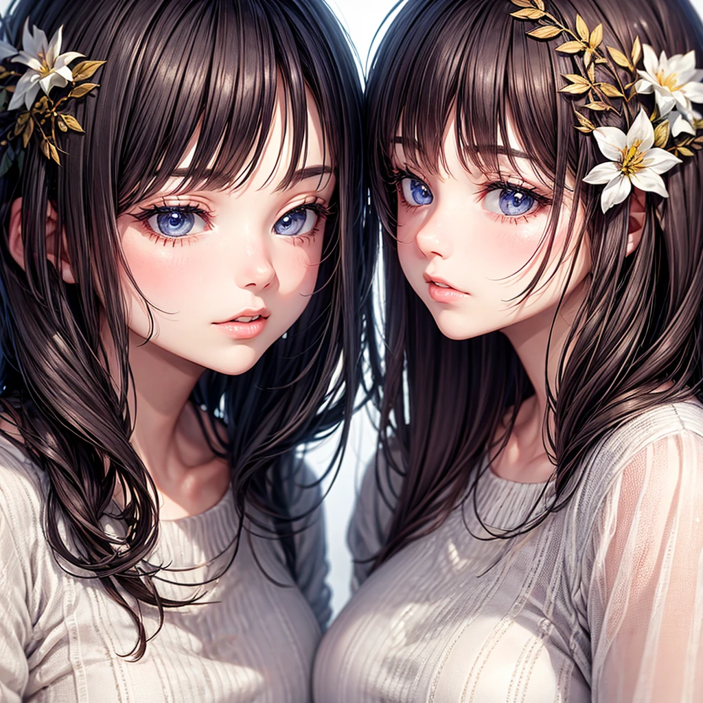 nsfw, Masterpiece, top quality, highly detailed,two beautiful girls,
young beautiful mature lesbian couple,
((Completely naked)), and excited by masturbation,
sweaty bare skin,
touching own nipples,
((The two of them put their faces together and shyly smile at the camera)), upper body,
Close-up of their naked bust, at the tropical beach in dark midnight under stellar sky,