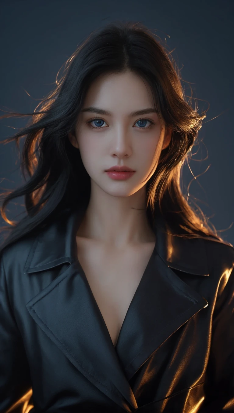 Best quality, masterpiece, ultra high res, (photorealistic:1.4), raw photo, 1girl, black hair, blue eyes,  detailed eyes and face, red suit, dynamic lighting, in the dark, deep shadow, low key, cowboy shot, full-lenght body