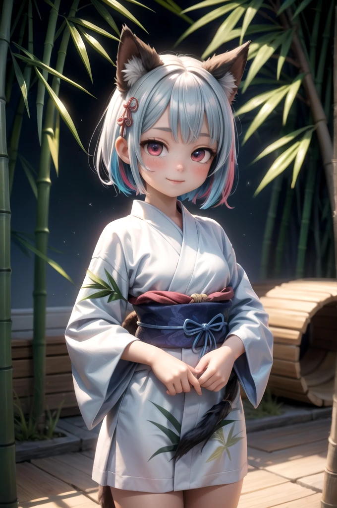 masterpiece, extremely detailed CG unity 8k wallpaper, an extremely cute and beautiful girl, (finely detailed beautiful eyes and detailed face), BREAK,
1girl, solo, cute, smile, multicolored hair, very short hair, animal ears, wolf ears, red eyes, cowboy shot, (detailed yukata), BREAK,
Tanabata Festival, the Star Festival,
(many colorful strips of paper hung on bamboo:1.4),