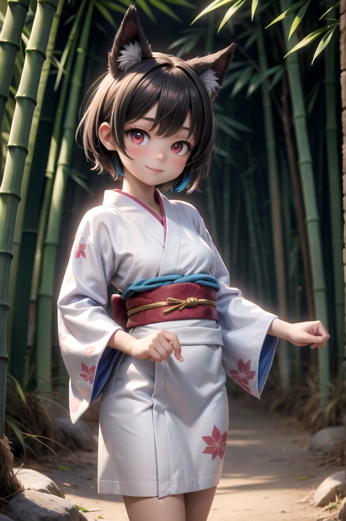 masterpiece, extremely detailed CG unity 8k wallpaper, an extremely cute and beautiful girl, (finely detailed beautiful eyes and detailed face), BREAK,
1girl, solo, cute, smile, multicolored hair, very short hair, animal ears, wolf ears, red eyes, cowboy shot, (detailed yukata), BREAK,
Tanabata Festival, the Star Festival,
(many colorful strips of paper hung on bamboo:1.4),