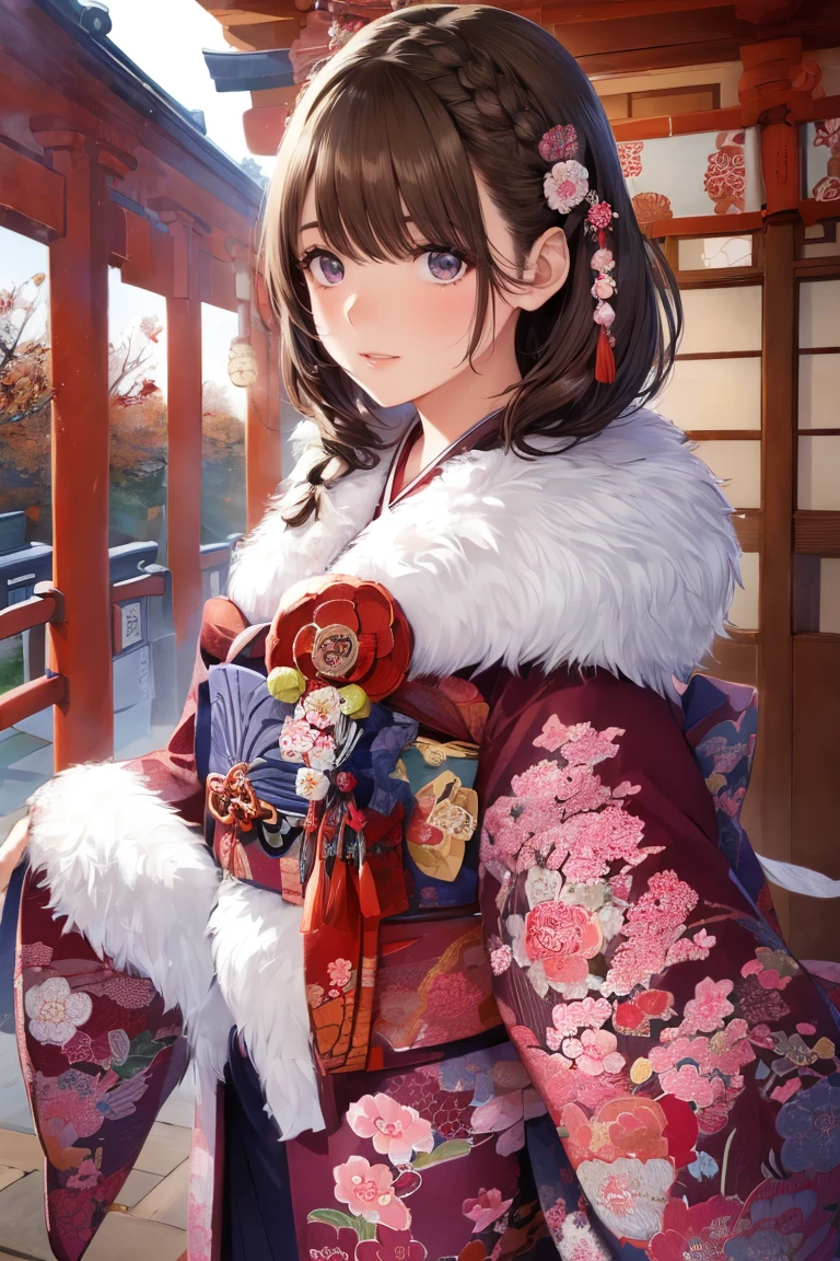 My Grandmother、  shiny maroon hair  , short braided hair, gorgeous hairpin hair ornament with broken arrows  ( Brown Pretty Eyes  、Sparkling Eyes, fine grain)、smile、 super detailed eyes 、  very detailed face ,  very detailed eyes ,,  cowboy shot、 (Best Quality, masterpiece:1.2), 非常に  Hi-Res ,  Hi-Res , Women only、Best Quality、Best Quality、 Nene Kasaki々、 beautiful young girl  ,pink ornate flower pattern furry kimono, (Intricate and detailed Japanese art :1.6),( white fur shawl :1.3), let your whole body stand out by turning your whole body forward (( Cowboy Style Full Body Photo ),  embarrassed face, White Breath, A lot of people around、 Sunny,、No buildings around the woman、Cobblestones、Old Japanese Shrine、,Red torii gate on the back ,first visit of the year to a shrine,Meiji Jingu Shrine