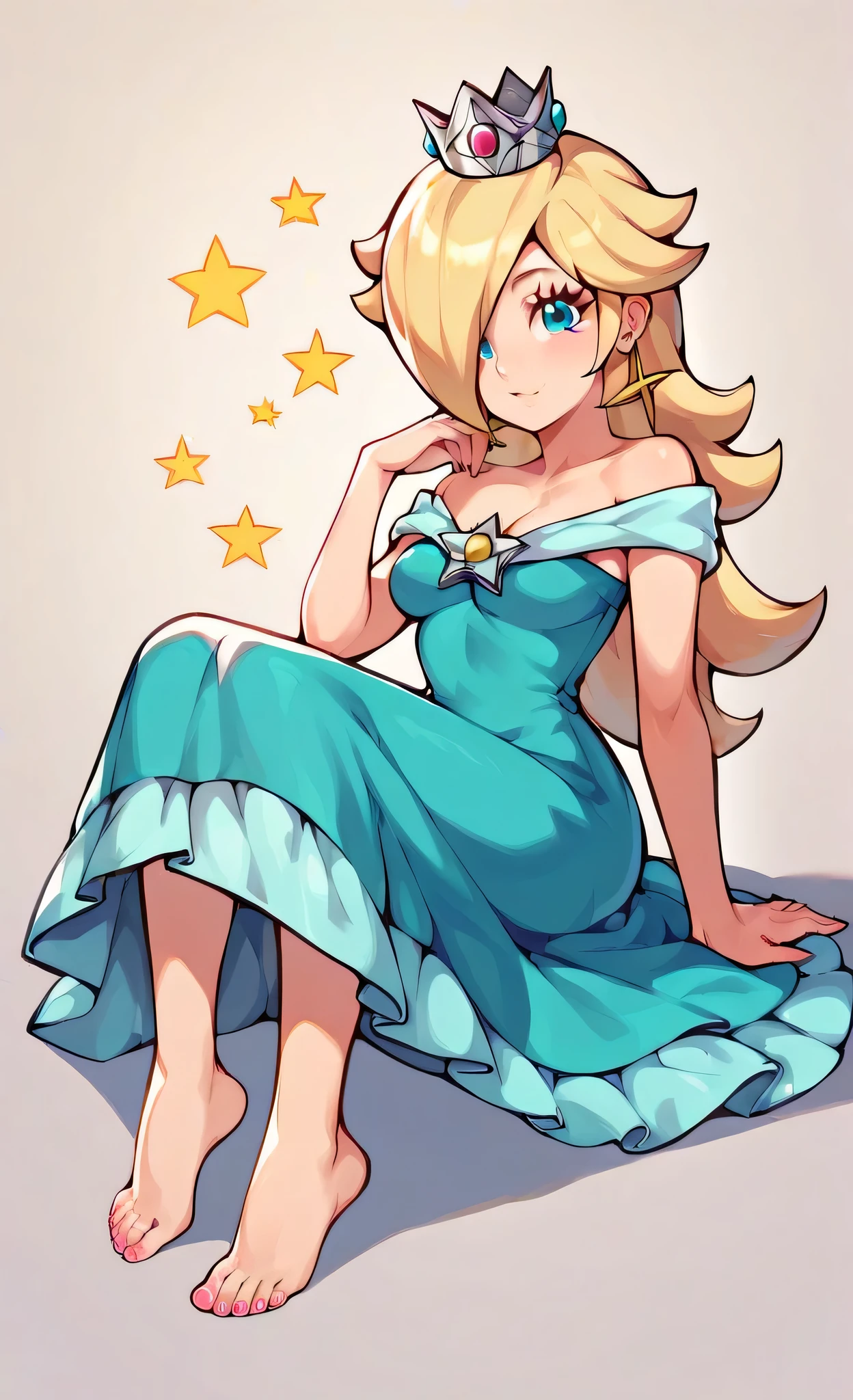 blonde hair, rosalina, 1girl, solo, dress, crown, blue eyes, star earrings, looking at viewer, sitting, barefoot, style parody, pink toenails 