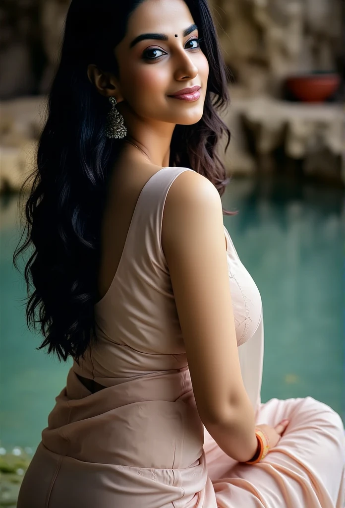 Side Portrait of A topless confident-looking indian woman with long flowing hair, hazel eyes, flowing see through saree, her hair covering her perfect c-cup breasts, sitting in pool, caves background, bokeh, perfect composition, hyperrealistic, super detailed, 8k, high quality, trending art, trending on artstation, sharp focus, studio photo, intricate details, highly detailed, art by greg rutkowski