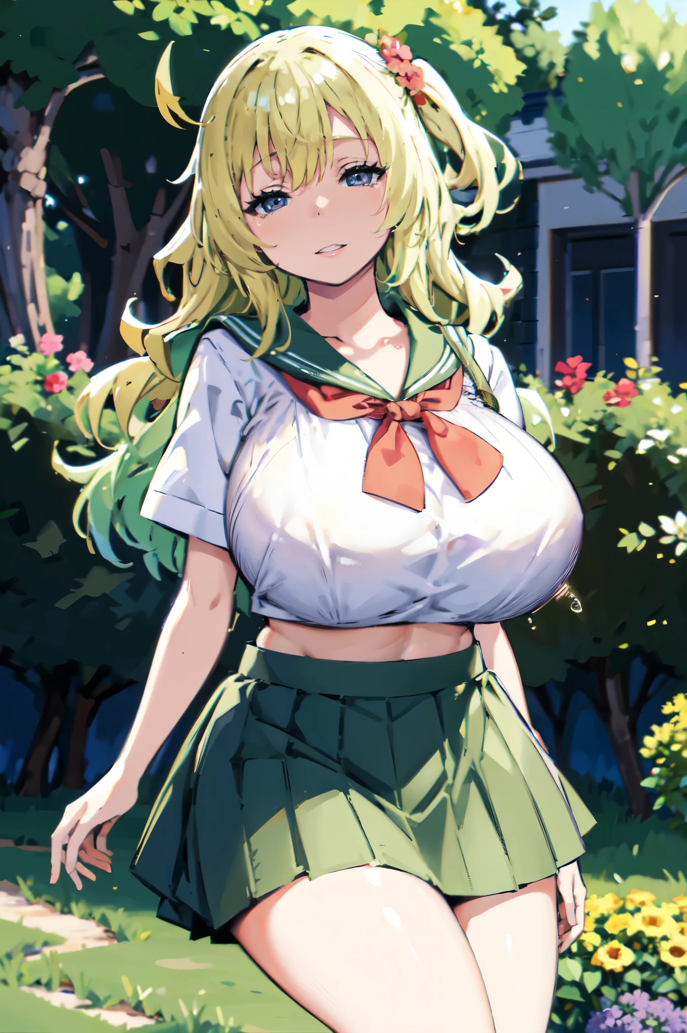 Blonde green hair, (((very huge  tits )))  , ((sailor short skirt, )), thick, ((busty)), purple eyes,  long hair, upperbody, smile, legs, thigh, flower garden