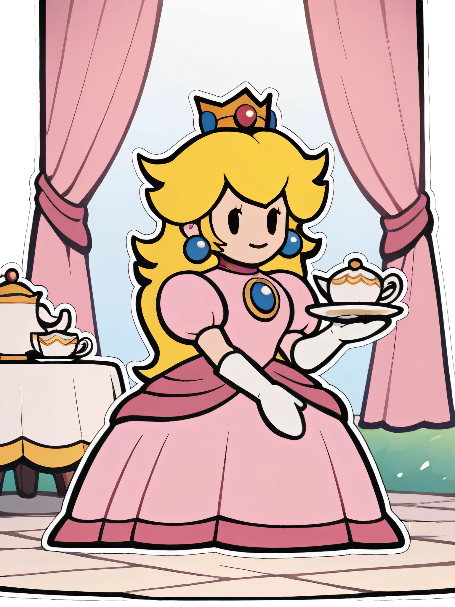 paperpeach, 1girl, blonde hair, dress, solo, crown, long hair, pink dress, jewelry, earrings, white gloves, full body, solid oval eyes, smile,sitting, teacup, tea party, indoors, looking at viewer,white outline, score_9, score_8_up, score_7_up, score_6_up, score_5_up, score_4_up 