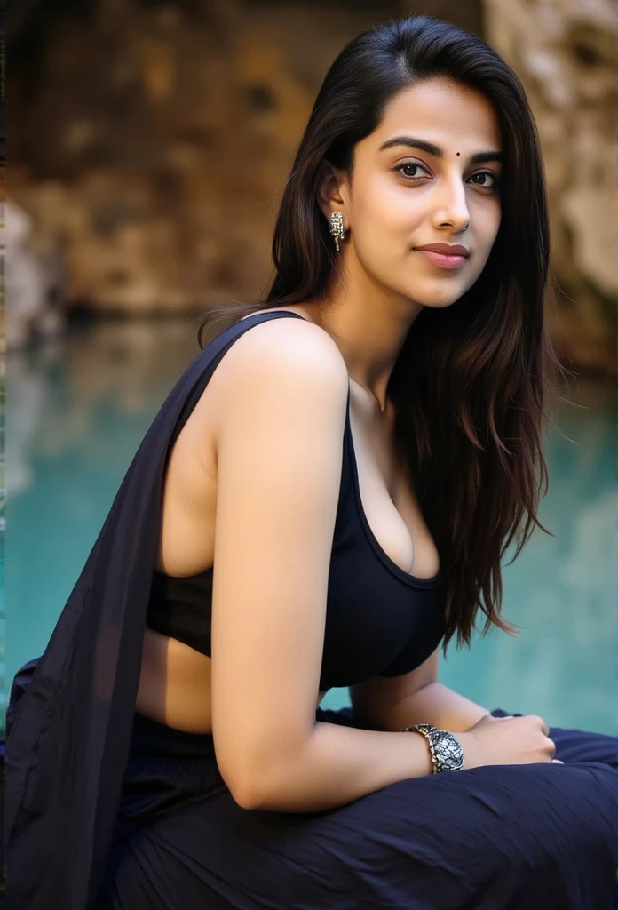 Side Portrait of A topless confident-looking indian woman with long flowing hair, hazel eyes, flowing see through saree, her hair covering her perfect c-cup breasts, sitting in pool, caves background, bokeh, perfect composition, hyperrealistic, super detailed, 8k, high quality, trending art, trending on artstation, sharp focus, studio photo, intricate details, highly detailed, art by greg rutkowski