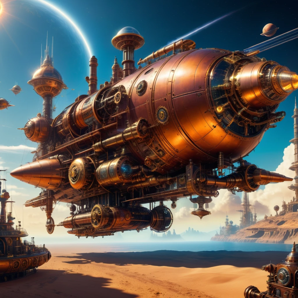 steampunk, A steampunk-inspired sci-fi scene featuring a futuristic spaceship in orbit around a sun-drenched planet. The ship is outfitted with a variety of gizmos and gadgets, all of which appear to be powered by steam.