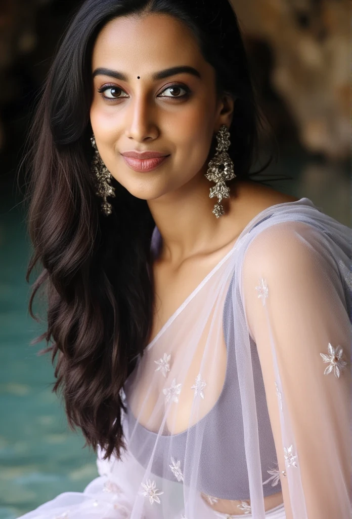 Side Portrait of A topless confident-looking indian woman with long flowing hair, hazel eyes, flowing see through saree, her hair covering her perfect c-cup breasts, sitting in pool, caves background, bokeh, perfect composition, hyperrealistic, super detailed, 8k, high quality, trending art, trending on artstation, sharp focus, studio photo, intricate details, highly detailed, art by greg rutkowski