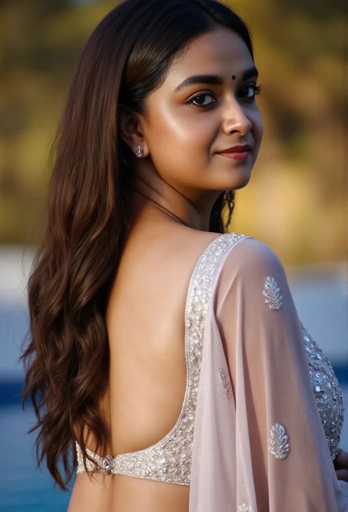 Side Portrait of A topless confident-looking indian woman with long flowing hair, hazel eyes, flowing see through saree, her hair covering her perfect c-cup breasts, sitting in pool, caves background, bokeh, perfect composition, hyperrealistic, super detailed, 8k, high quality, trending art, trending on artstation, sharp focus, studio photo, intricate details, highly detailed, art by greg rutkowski