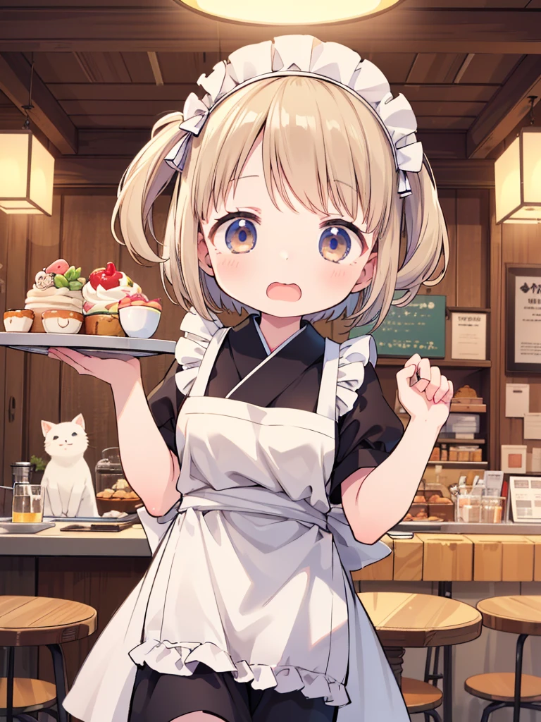 (masterpiece, ultra-detailed, best quality, clear focus, dramatic scene, cinematic), shadow, (ultra-high resolution, 8k), perfect anatomy, perfect face, (detailed face, detailed eye), cute Japanese girl, famous Japanese idol, very beautiful and cute and cool face, dynamic pose, dynamic angle, (wearing a cute pastel colored tee with apron:1.3), short curly-haired, (very large breasts), panicking, open mouth, (wavy mouth), she is a waitress of the seaside cafe, (She is holding a giant cat on the tray at the stylish cafe:1.3), (The striped patterned giant cat is mewing to her, detailed cute giant cat:1.3)