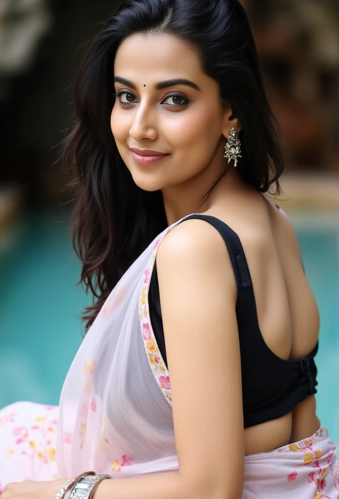 Side Portrait of A topless confident-looking indian woman with long flowing hair, hazel eyes, flowing see through saree, her hair covering her perfect c-cup breasts, sitting in pool, caves background, bokeh, perfect composition, hyperrealistic, super detailed, 8k, high quality, trending art, trending on artstation, sharp focus, studio photo, intricate details, highly detailed, art by greg rutkowski