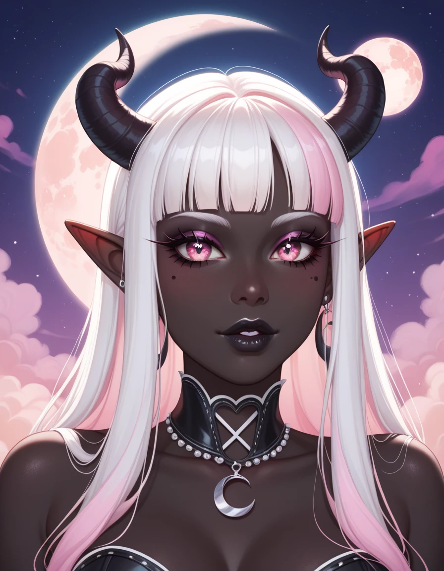 score_9, score_8_up, score_7_up, ((Masterpiece)), ((highres)), ((1person)), Random poses, beautifully detailed succubus girl, ((pastel moon background)), long white hair, defined elf ears with ear guages, defined eyes, pastel iris, long eye lashes, defined nose, black lipstick, (((Black skin))), black demon horns, breasts, night sky, pastel gothic style, gothic style art, gothic asthetic
