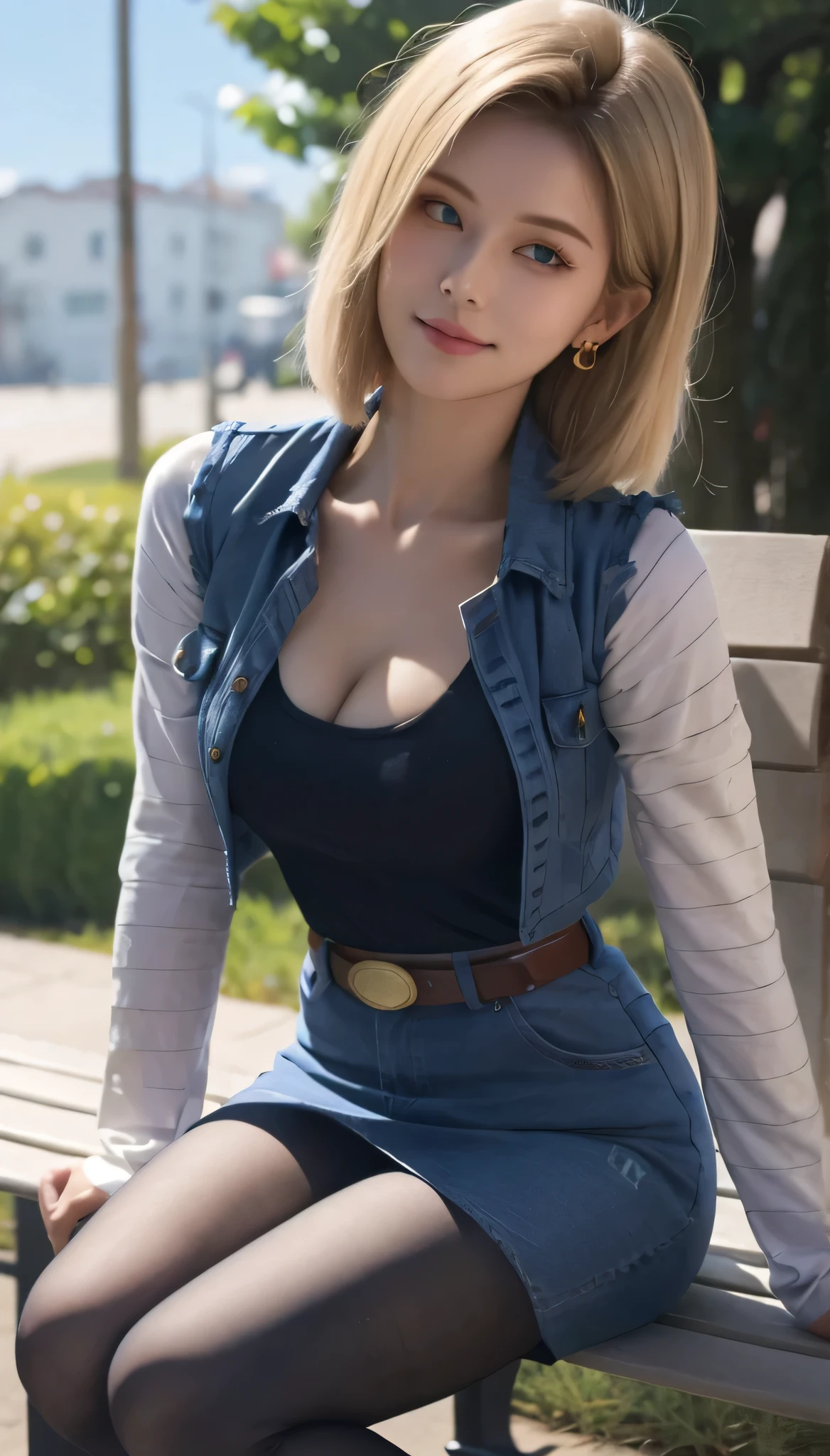 Android 18, Light Blonde hair, Medium Bob hair, Blue eyes, Wearing earrings, Long sleeves, Light blue denim mini skirt, Light blue mini denim vest, Black T-shirt with high cleavage, Big breasts, Belt, Dark brown see-through pantyhose, Western short boots, Looking at viewer, Slight smiling with closed lips sitting, On bench, She raised her right leg and gently placed the heel of her right boot on another very low bench in front of her, Blue sky, sit on a bench, outside, park, grass, Summer, trees, blue sky, high quality, masterpiece,