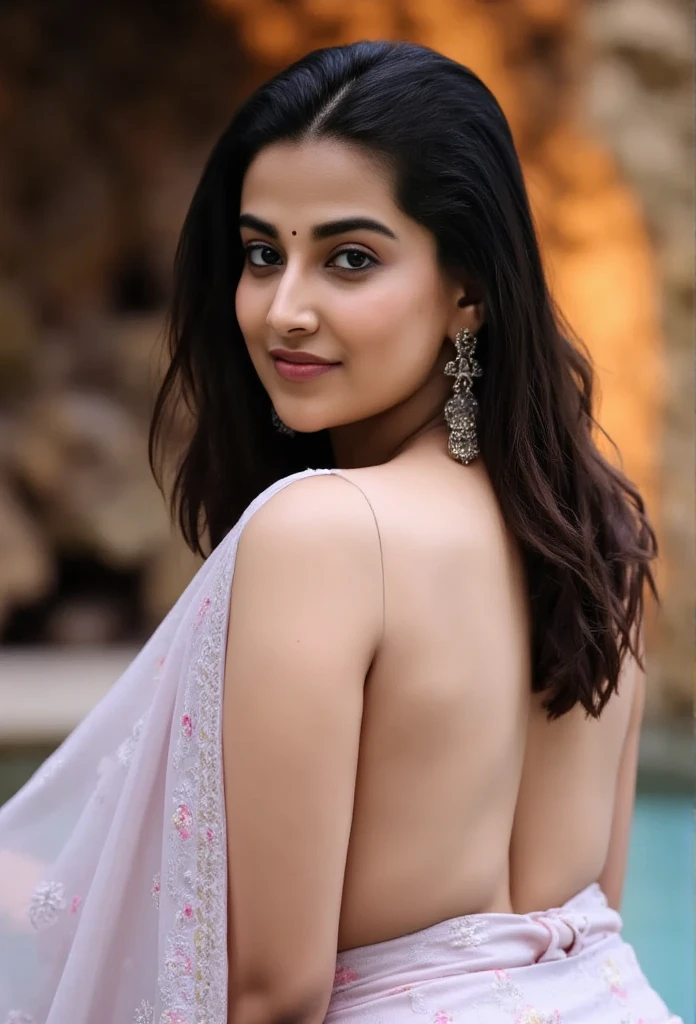 Side Portrait of A topless confident-looking indian woman with long flowing hair, hazel eyes, flowing see through saree, her hair covering her perfect c-cup breasts, sitting in pool, caves background, bokeh, perfect composition, hyperrealistic, super detailed, 8k, high quality, trending art, trending on artstation, sharp focus, studio photo, intricate details, highly detailed, art by greg rutkowski