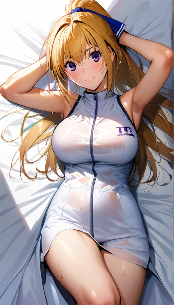 (masterpiece),( best quality),(Super detailed),(   Best Illustration ),( Best Shadow ),( absurd),(  so beautiful ),    1 girl ,  smile,  big breasts at the temple,   staring at the viewer ,( fits your body ,White sportswear,  sleeveless,Wet with sweat, transparent ),( detailed background ,One sided sheet ),Lying on the sheets,I put my hands behind my head,by koyamahirokazu,charlotte dunois, long hair, blonde hair, ribbon, (purple eyes:1.1), ponytail, hair ribbon,