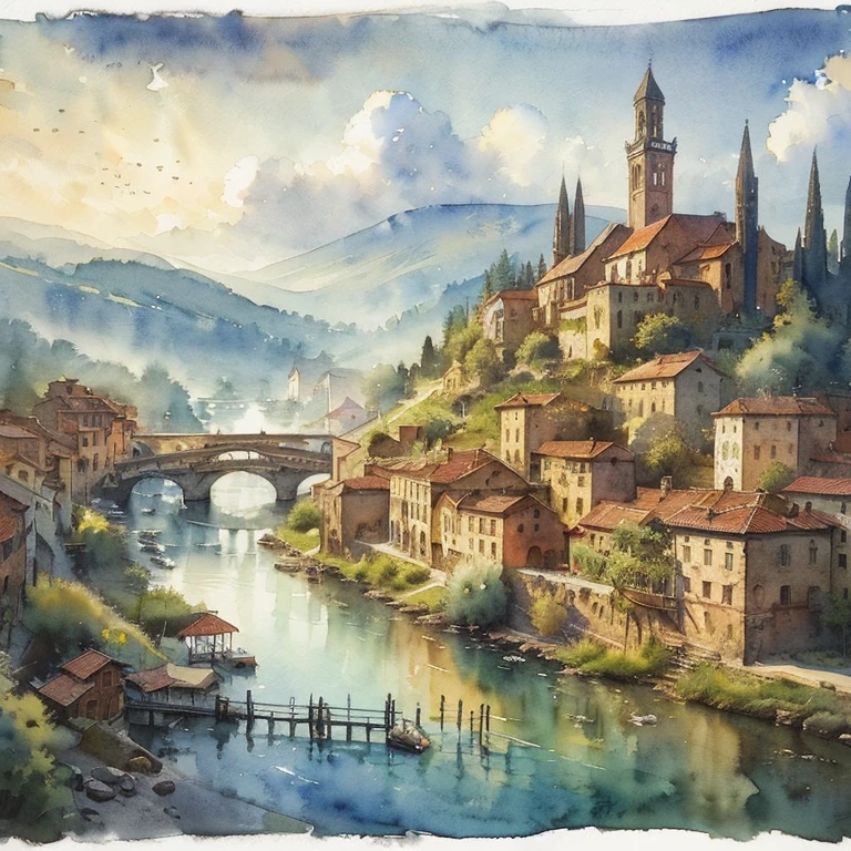 An old Italian village, 1890, with colorful houses, . In the background, a distant landscape with sunset, oil painting in the style of Sung Kim