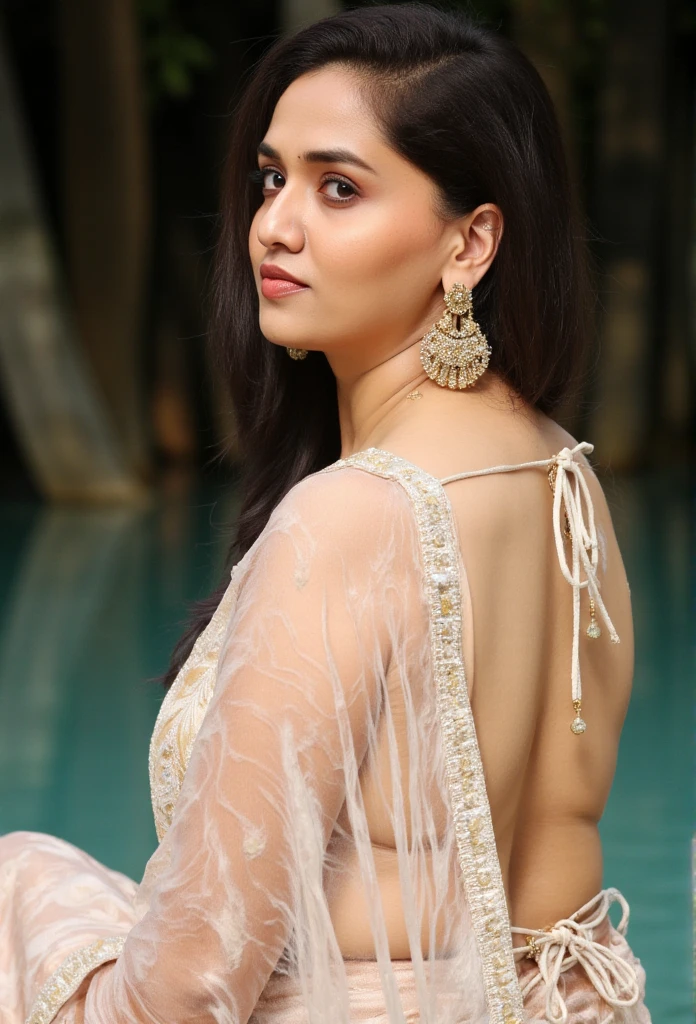 Side Portrait of A topless confident-looking indian woman with long flowing hair, hazel eyes, flowing see through saree, her hair covering her perfect c-cup breasts, sitting in pool, caves background, bokeh, perfect composition, hyperrealistic, super detailed, 8k, high quality, trending art, trending on artstation, sharp focus, studio photo, intricate details, highly detailed, art by greg rutkowski