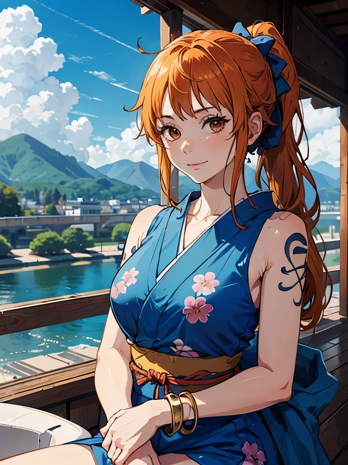 2D, masterpiece, best quality , anime, highly detailed face , Highly detailed background , perfect lighting , Us, 1 , Alone, long hair, smile, joy, track, japanese clothes, Heart, orange hair, kimono, mature face, bow, light blue kimono, flower, flower print, toys, looking at the spectator , sleeveless kimono, ahoge, hair, hair bow, sky, is, bracelet, sleeveless, ;\), blue bow, outdoor, breasts, cloud, Closed mouth, ponytail , blue sky, brown eyes , orange eyes, Nami tattoo on left shoulder, bare shoulders, very long hair, sidelocks, fringe, collarbone, upper body, tattoo on left arm , bare arms, official alternative costume, blurry, alternative costume, medium breasts, blurry background, eyelashes, mountain, parody, cloudy sky, sitting, Open legs, bare legs, pussy, Sensual, shiny hair, bracelet, wavy hair