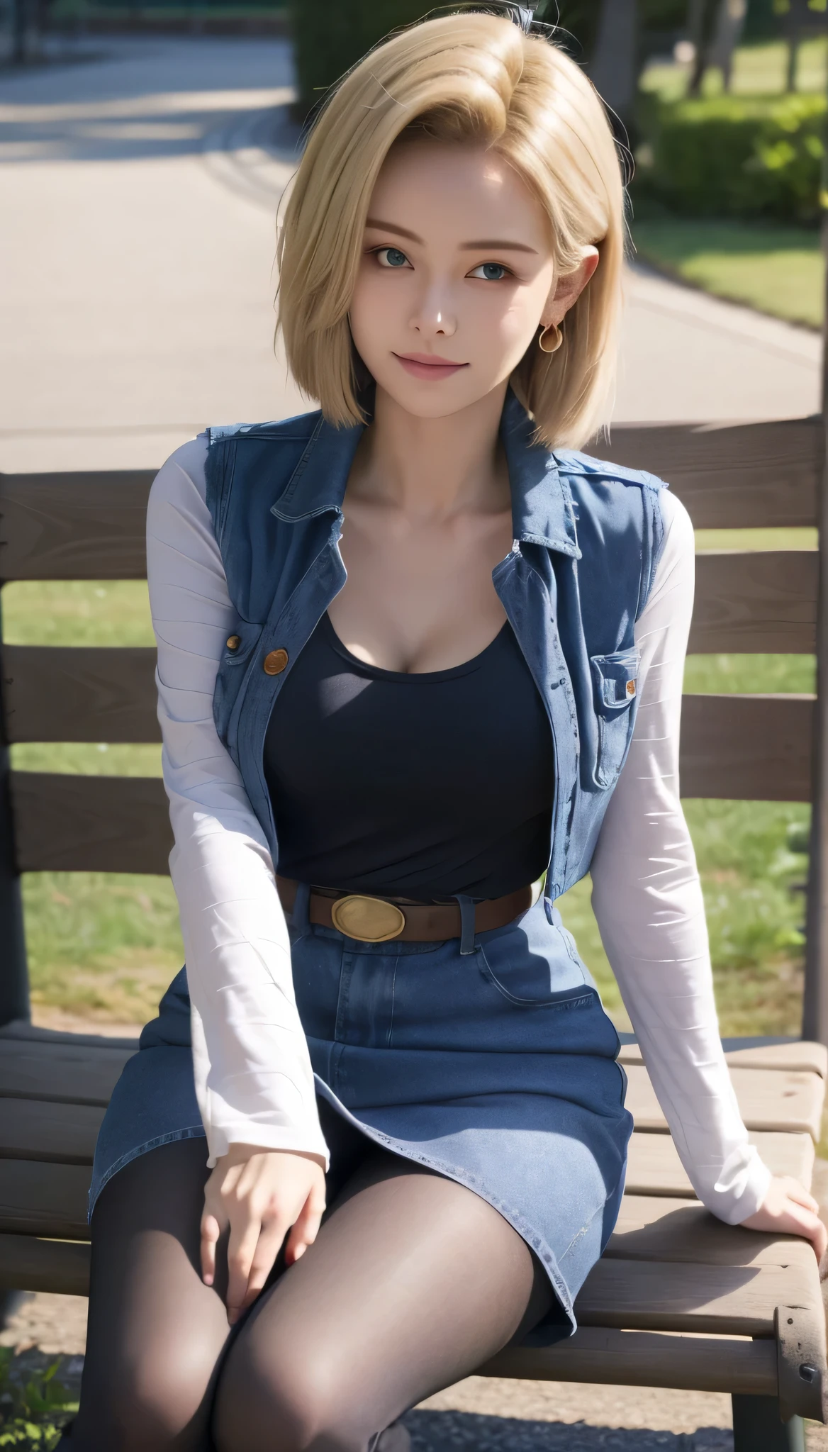 Android 18, Light Blonde hair, Medium Bob hair, Blue eyes, Wearing earrings, Long sleeves, Light blue denim mini skirt, Light blue mini denim vest, Black T-shirt with high cleavage, Big breasts, Belt, Dark brown see-through pantyhose, Western short boots, Looking at viewer, Slight smiling with closed lips sitting, On bench, She raised her right leg and gently placed the heel of her right boot on another very low bench in front of her, Blue sky, sit on a bench, outside, park, grass, Summer, trees, blue sky, high quality, masterpiece,