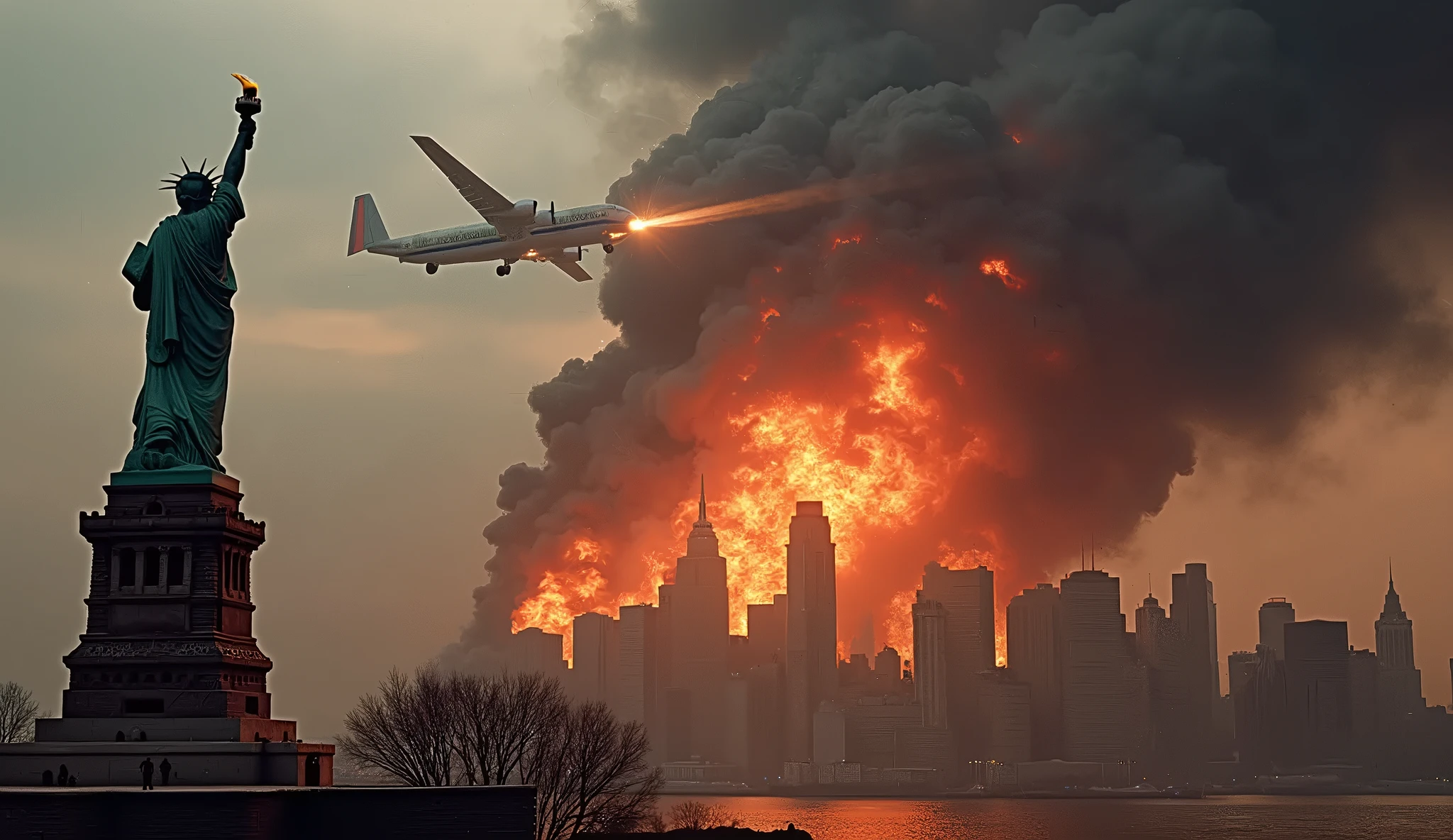 Terrorist attacks in the United States，The plane is２Crashed into one tower，Smoke rising from the explosion