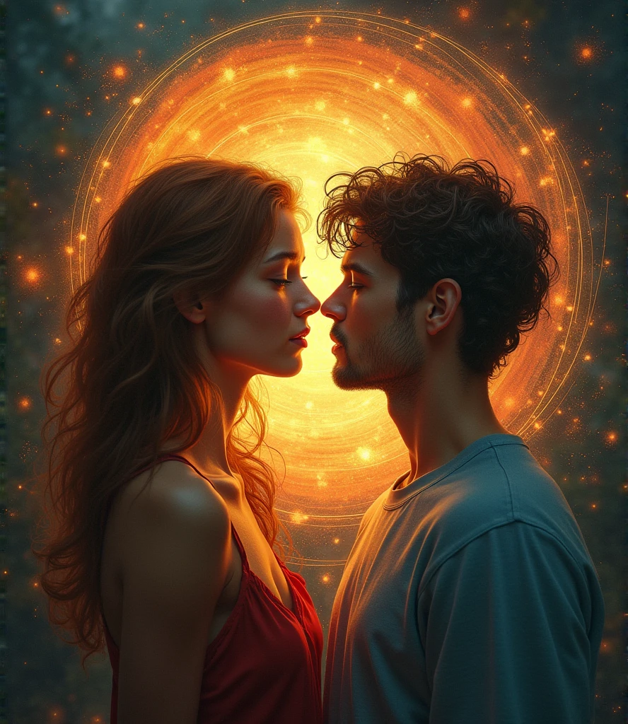 Two close friends, one whispering into the other’s ear, and in the background, a web of relationships trembles like a spider web touched by wind.