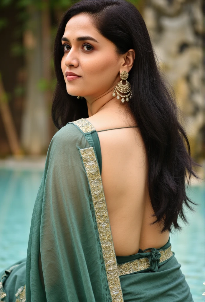 Side Portrait of A topless confident-looking indian woman with long flowing hair, hazel eyes, flowing see through saree, her hair covering her perfect c-cup breasts, sitting in pool, caves background, bokeh, perfect composition, hyperrealistic, super detailed, 8k, high quality, trending art, trending on artstation, sharp focus, studio photo, intricate details, highly detailed, art by greg rutkowski