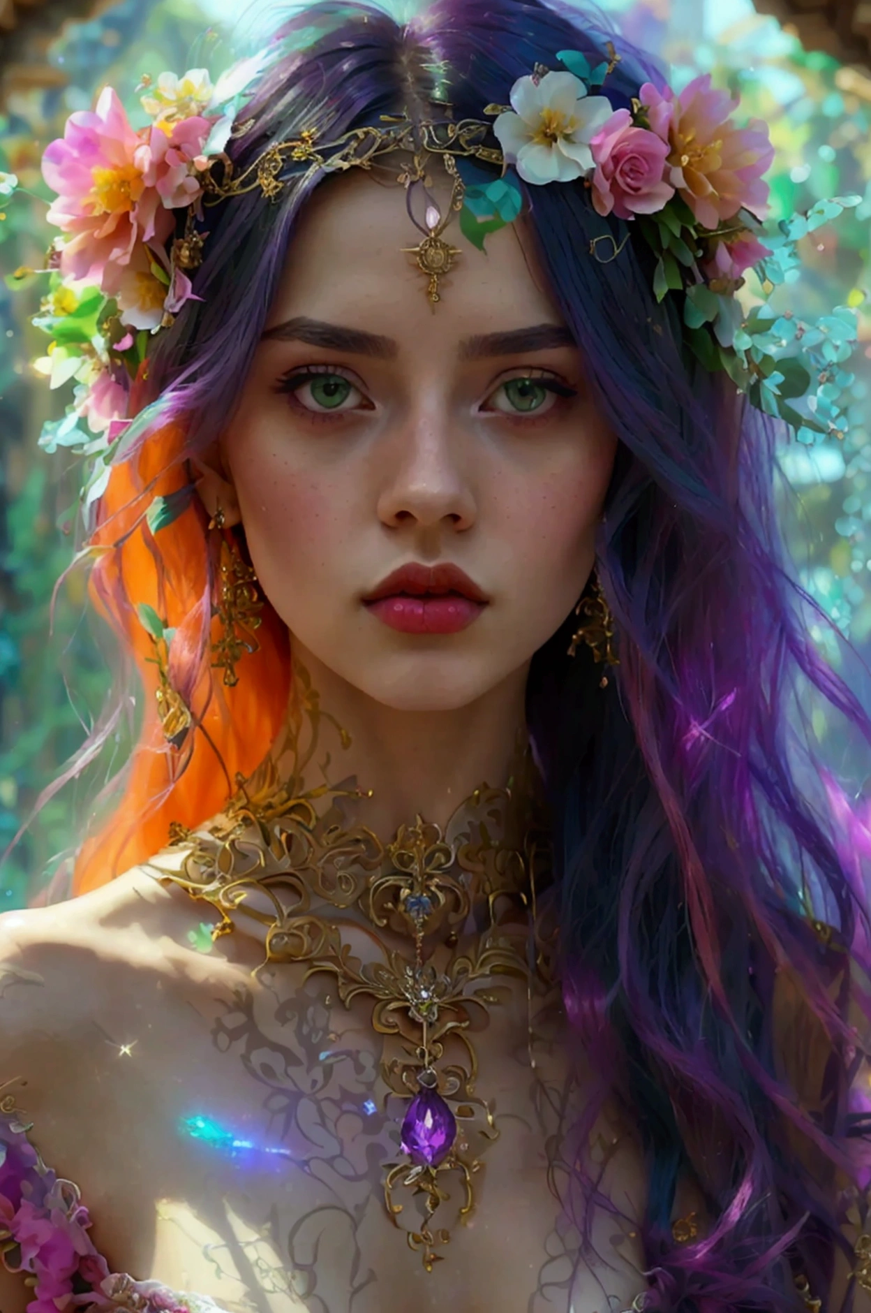 1 girl, long hair, bright hair color, seductive eyes,  Mysterious expression , Mature appearance, lovely dress , fluid dress, Elegant Jewelry, intricate decoration, magic symbols,  shiny accessories , potions, parchments, Beautiful accents, arches, Tapes, flores,