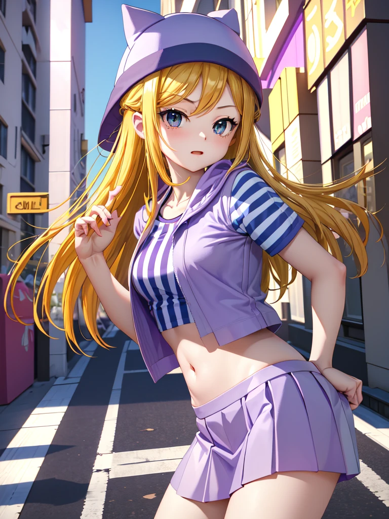 (masterpiece, best quality), 1girl, beautiful face, OrimotoIzumi, purple jacket, striped shirt, short sleeves, midrif, abdomen, purple skirt, mimi skirt, purple hat