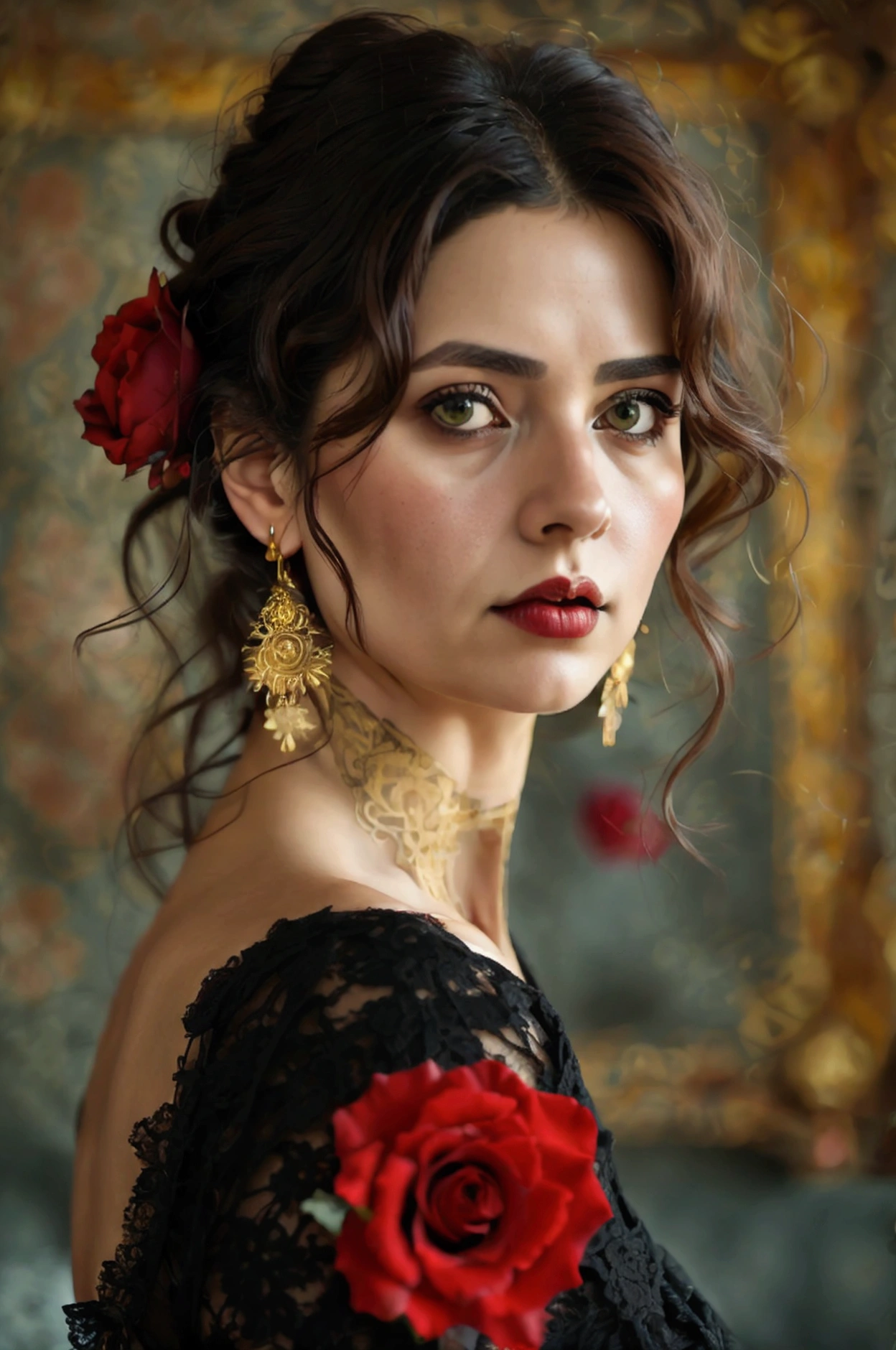 8K, RAW Photo, , Styled photography of a beautiful 45 year old woman., square face, a red rose on the neck,  She wears a dress lace black and red ., golden earrings,  features Strong as a spinning dove, (piel altamente detallada: 1.2),  Medium brown hair with lights , Film grain, 35 mm, beautiful style