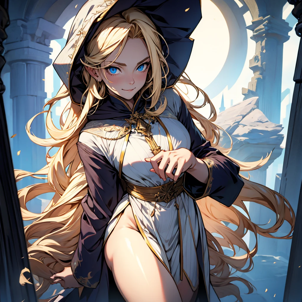 best quality, masterpiece, 1 woman, (alone:1.1), very detailed,detailed face, 8k wallpaper, wide hips,  PriestessNDV, 1 woman, blonde hair, blue eyes, medium chest, long hair, white dress, white hat, thighs, have,  inside, sexy, (Ripped dresses:1.3) , (wear out) , (dark cave:1.3) , torch , (tied to a rope:1.2) , rope ,(embarrassing_expression:1.2) , (slave) , (chain) , (dark)