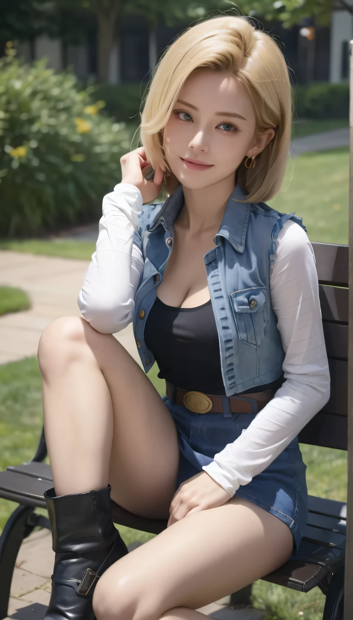 Android 18, Light Blonde hair, Medium Bob hair, Blue eyes, Wearing earrings, Long sleeves, Light blue denim mini skirt, Light blue mini denim vest, Black T-shirt with high cleavage, Big breasts, Belt, Dark brown see-through pantyhose, Western short boots, Looking at viewer, Slight smiling with closed lips sitting, On bench, She raised her right leg and gently placed the heel of her right boot on another very low bench in front of her, Blue sky, sit on a bench, outside, park, grass, Summer, trees, blue sky, high quality, masterpiece,