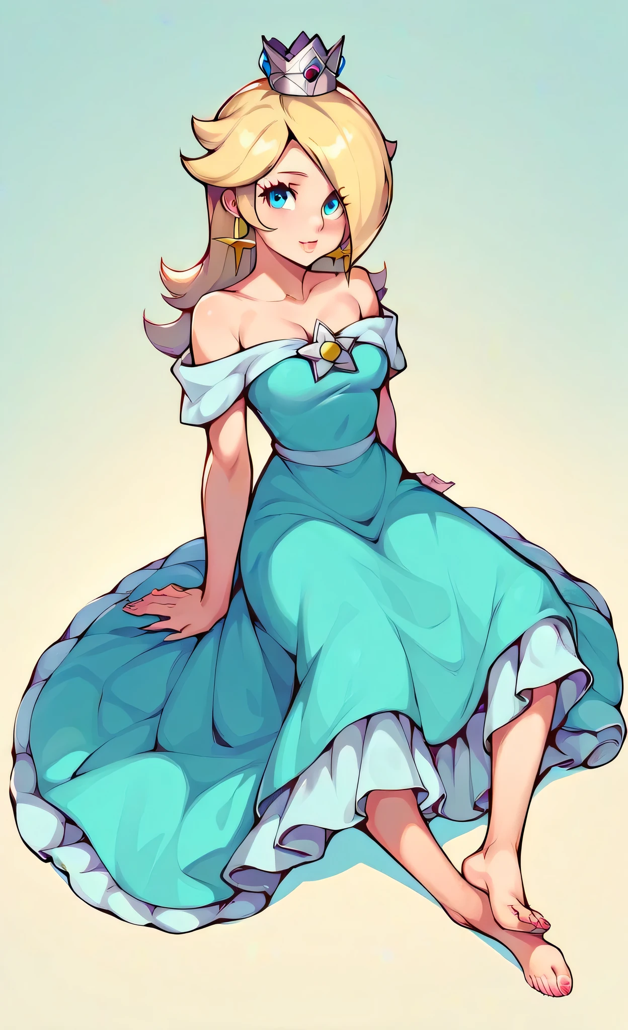 blonde hair, rosalina, 1girl, solo, dress, crown, blue eyes, star earrings, looking at viewer, sitting, barefoot, style parody, pink toenails 