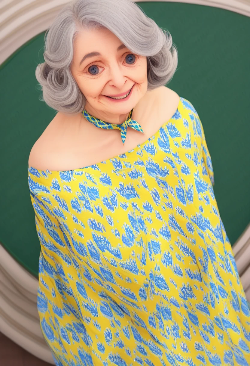 1 mature woman in, 60 years old, Alone, medium casual hair, Bob hair, curvy body, Looking at Viewer, grayblondehair, Bare shoulders, Brown eyes, jewely, Full body, a necklace, off shoulders, (wearing elegant patterned yellow heart tie dresses ), Distant photo, Realistic, A sexy one, beautiful colour, Perfect skin, 3 bust size, instagram (Realistic, A high resolution),photo size 3:4, 1 cute sexy mature woman, large expressive blue eyes, happy, (8K, raw photo, Best quality, High detail, curvaceous forms, curvy body, seductive pose, in the studio Foto with three ports lighting, with black wall background. Her back is turned to the photographer. 