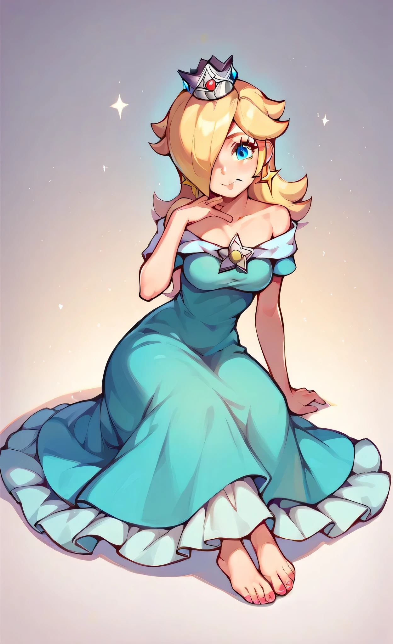 blonde hair, rosalina, 1girl, solo, dress, crown, blue eyes, star earrings, looking at viewer, sitting, barefoot, style parody, pink toenails 