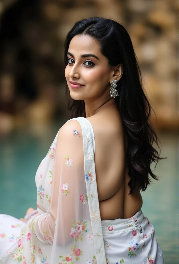 Side Portrait of A topless confident-looking indian woman with long flowing hair, hazel eyes, flowing see through saree, her hair covering her perfect c-cup breasts, sitting in pool, caves background, bokeh, perfect composition, hyperrealistic, super detailed, 8k, high quality, trending art, trending on artstation, sharp focus, studio photo, intricate details, highly detailed, art by greg rutkowski